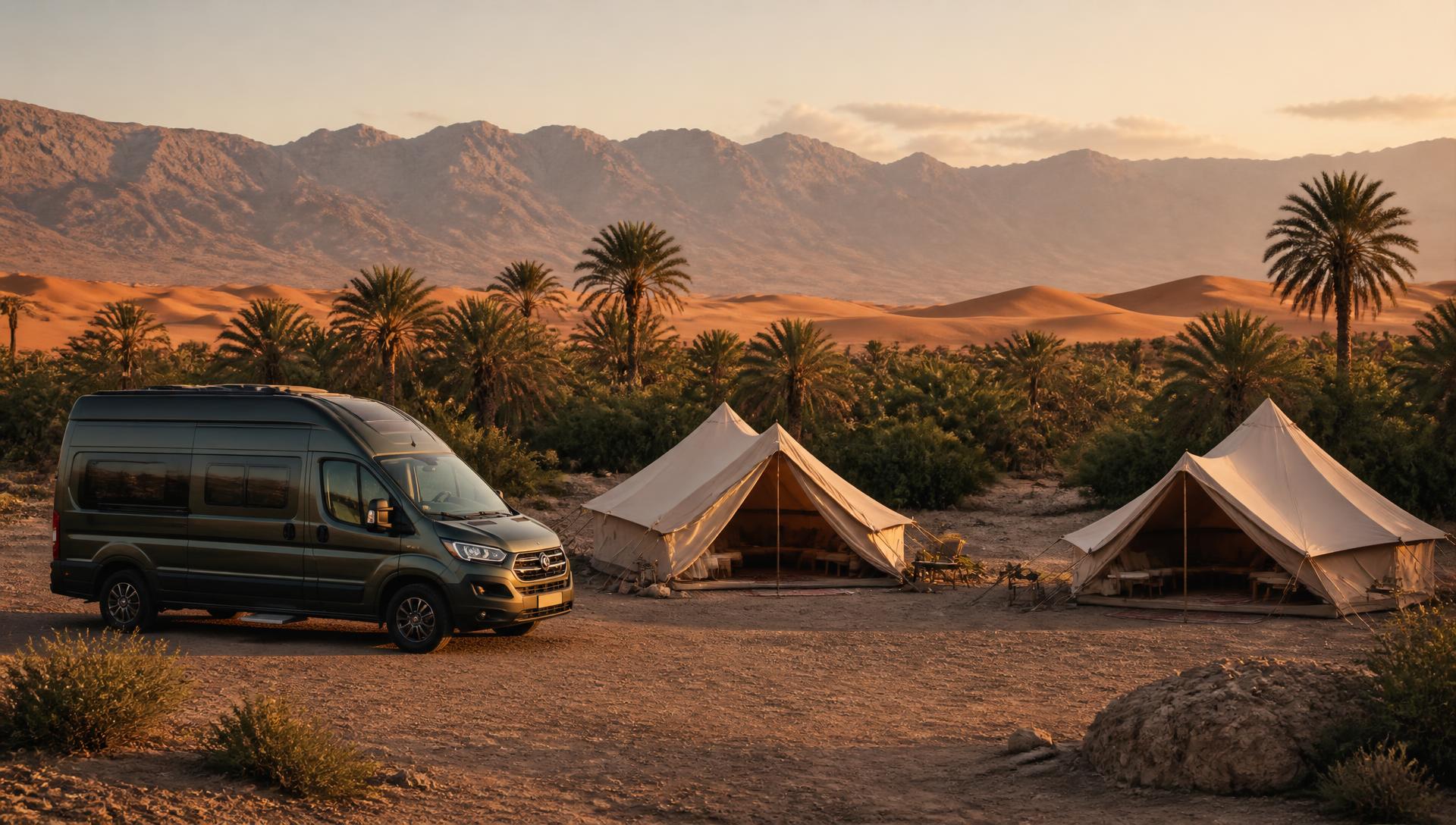 Camping au bord du désert marocain au coucher du soleil